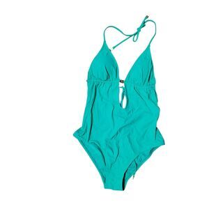 Tory Burch Women’s One-Piece Swimsuit Turquoise Halter Logo Hardware Xsmall